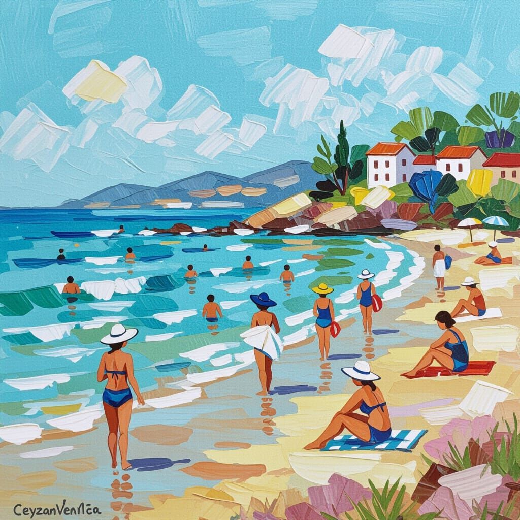 Seascape of Bathers in Sunlight, Cezanne Style