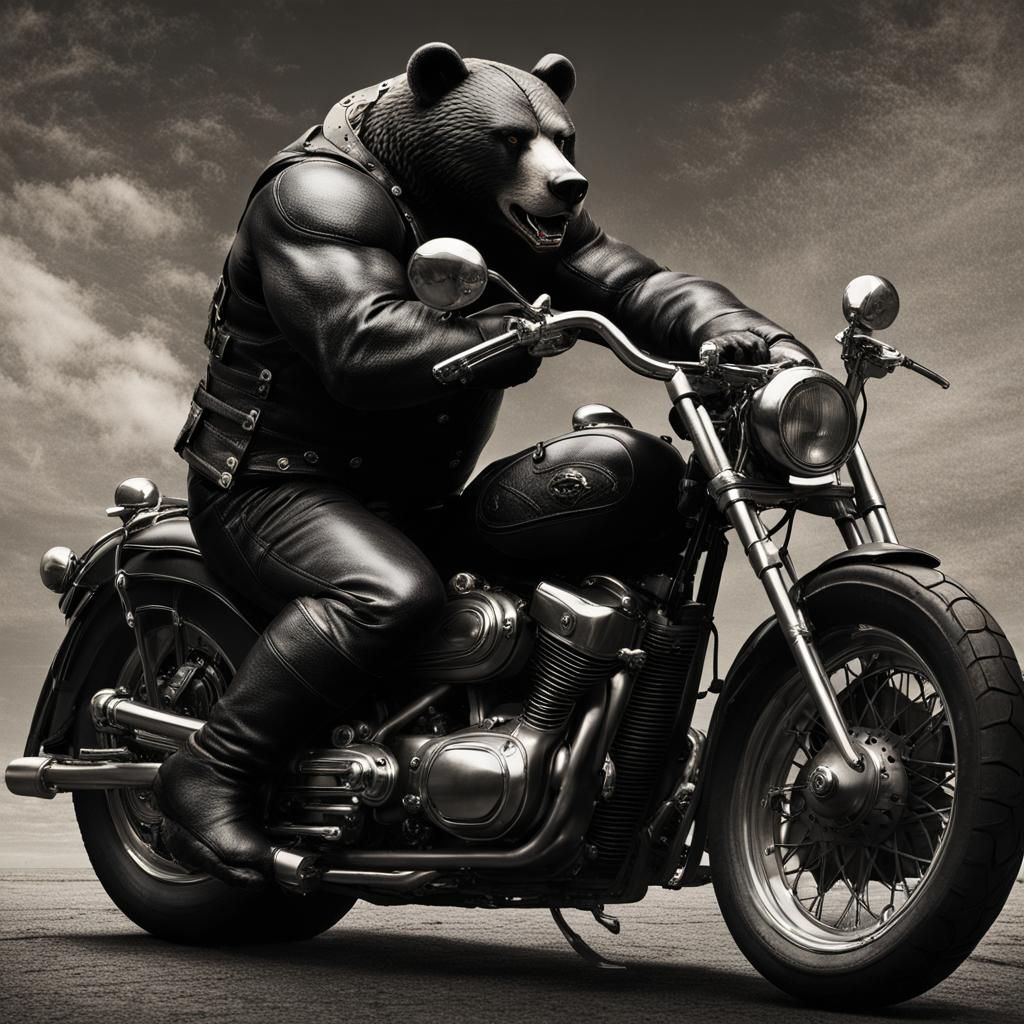 Leather Bear on Motorcycle: Dark and Handsome
