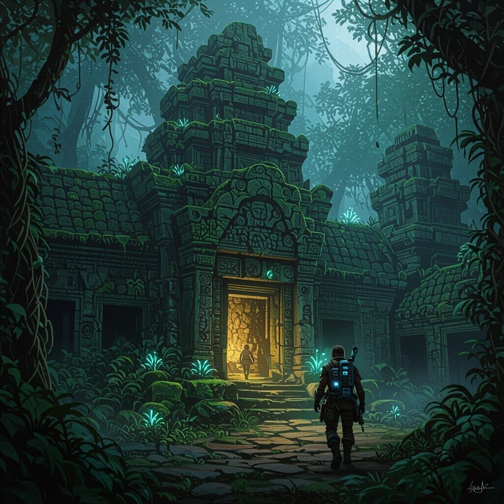 Ancient Alien Temple Revealed by Bioluminescent Flora