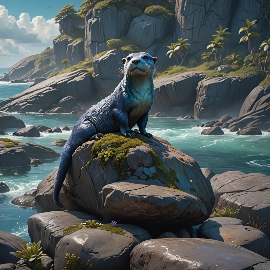 Blue Otter Gazing at Ocean, Detailed Matte Painting