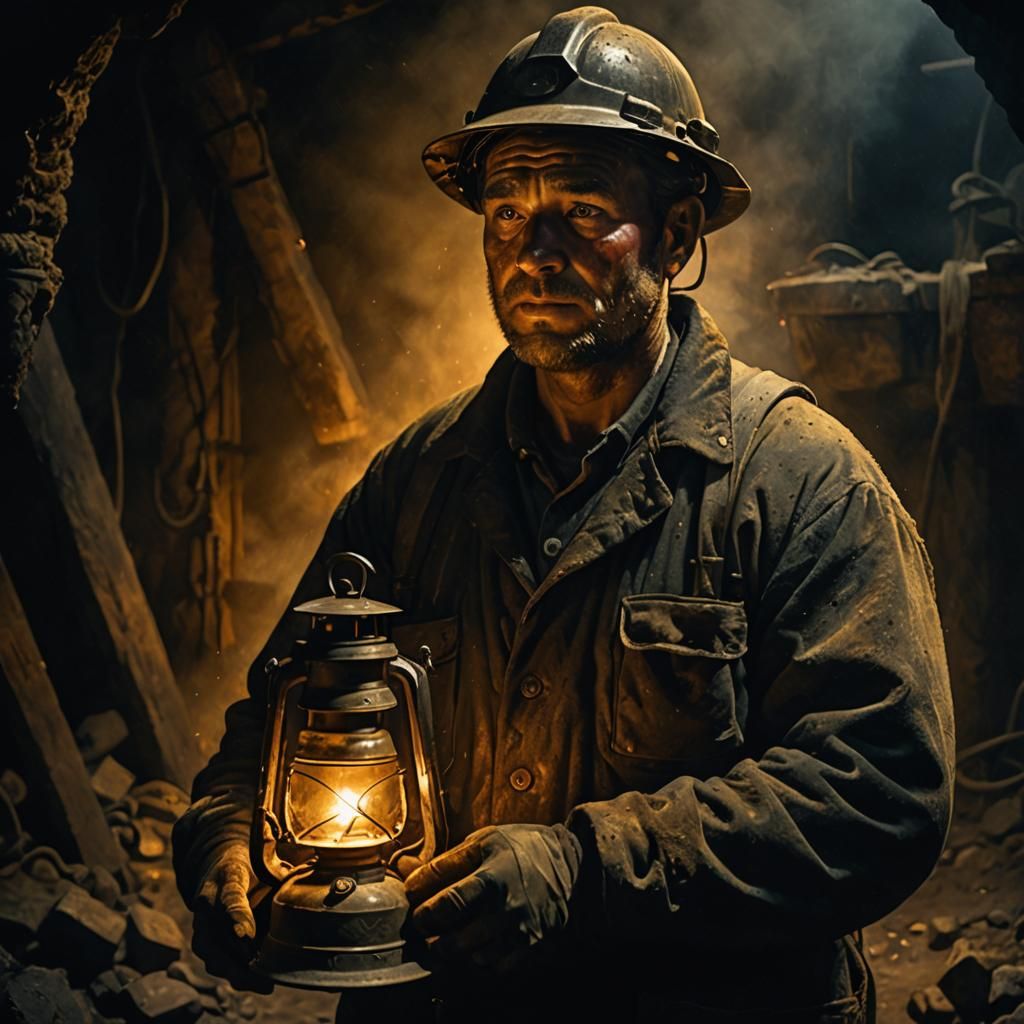 Coal Miner with Oil Lamp in Dramatic Light