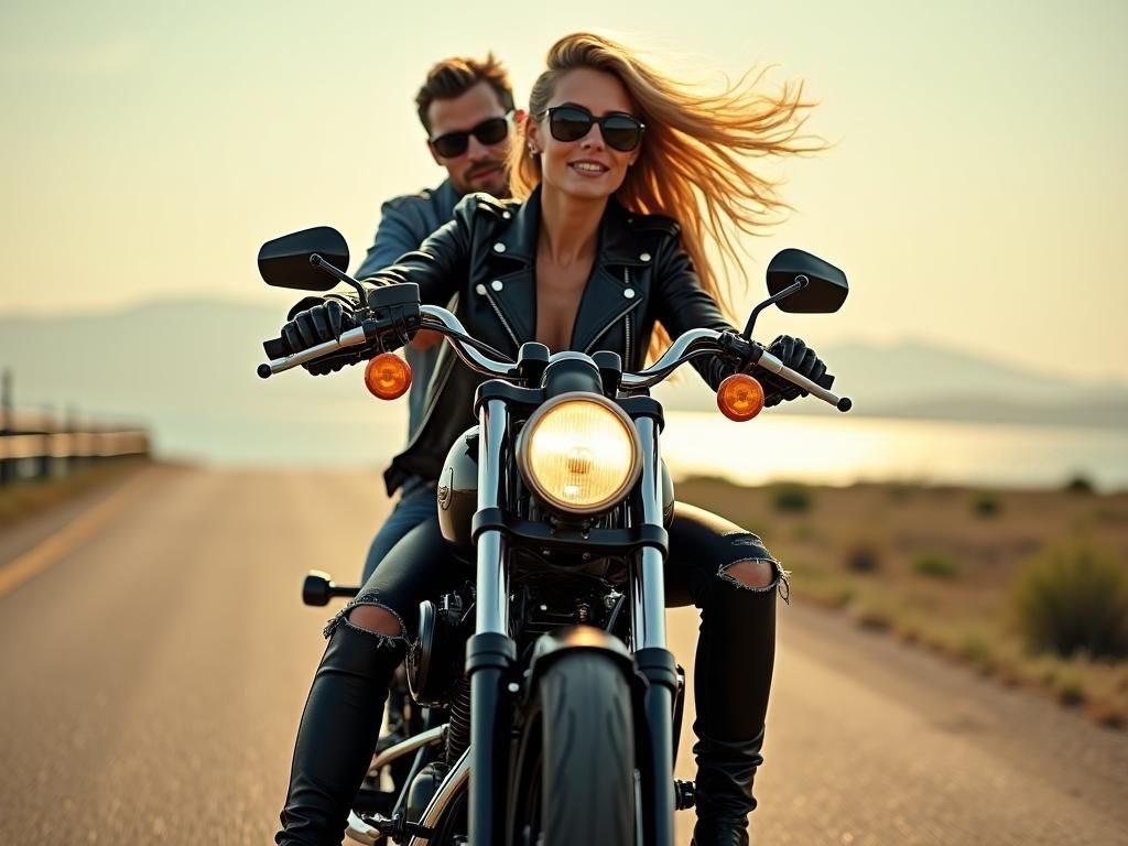 Blonde Biker on Harley Chopper, Open Road Freedom
