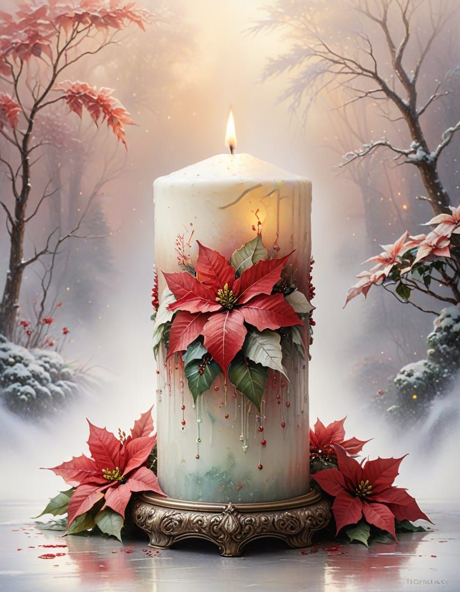 Ethereal Poinsettia Grows from Burning Candle in Watercolour