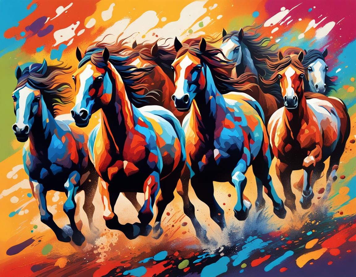 Wild Horses Galloping in Vibrant Decorative Style