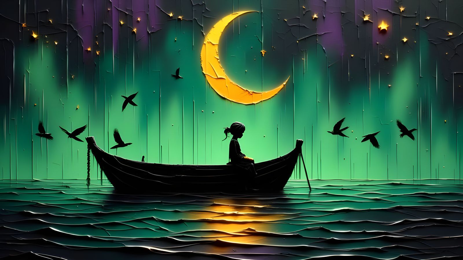 Child Silhouette on Boat Under Golden Moon