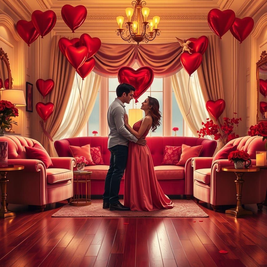 Romantic Couple in Cozy Living Room Amidst Valentine's Day D...