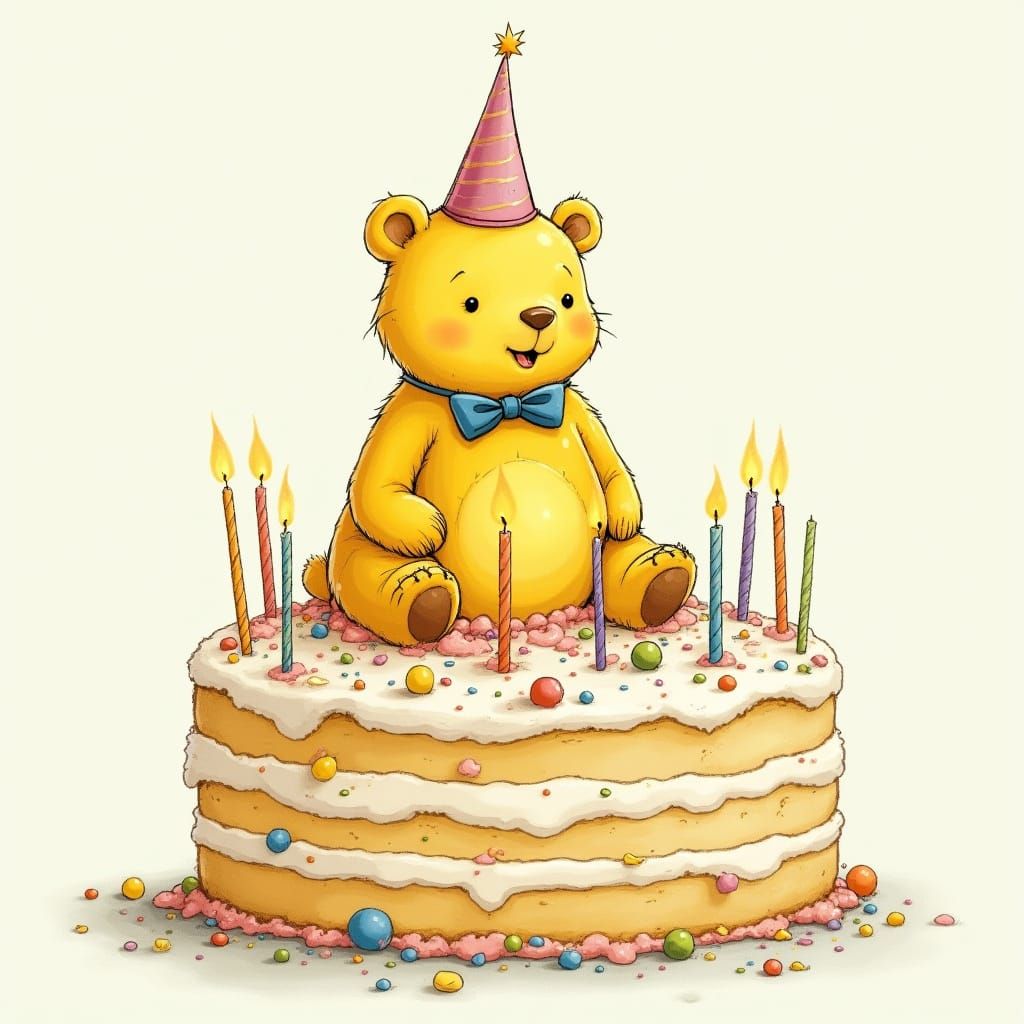 Whimsical Yellow Bear on Vibrant Cake