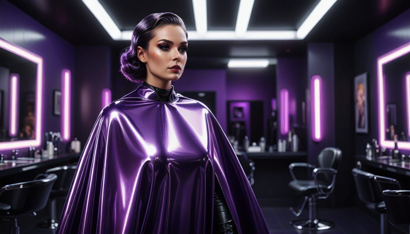 Woman in Chrome Latex Cape in Futuristic Salon