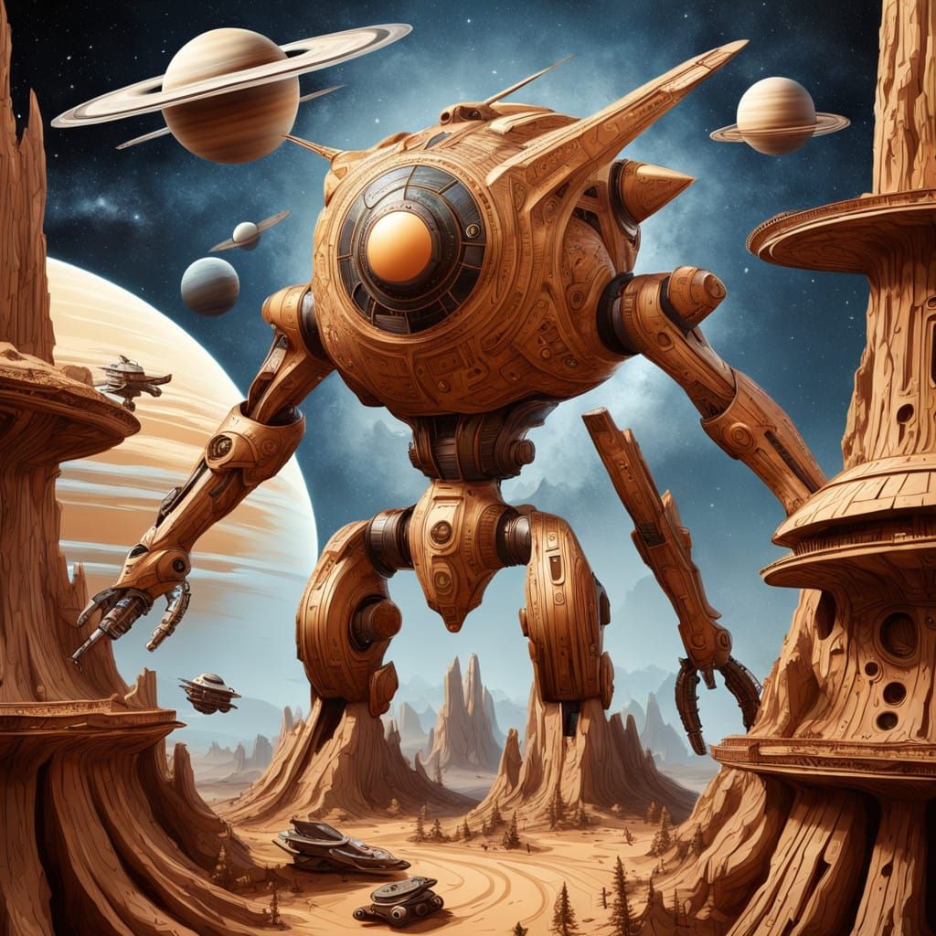 Galactic Battle on Saturn's Edge Carved in Wood