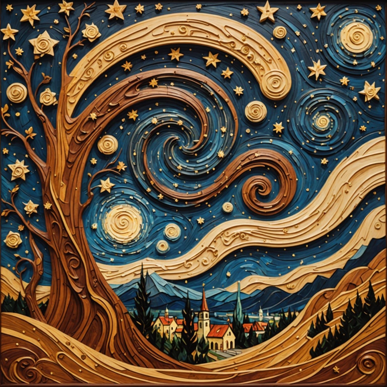 A starry night scene carved into curved cherry wood, the sky...