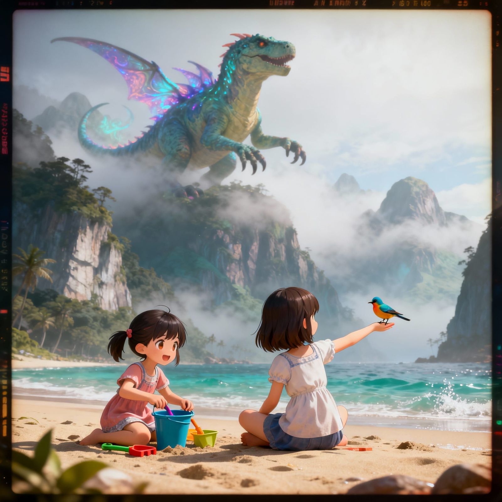 Girls Enjoying Beach Serenity with Birds in 3D Anime Style