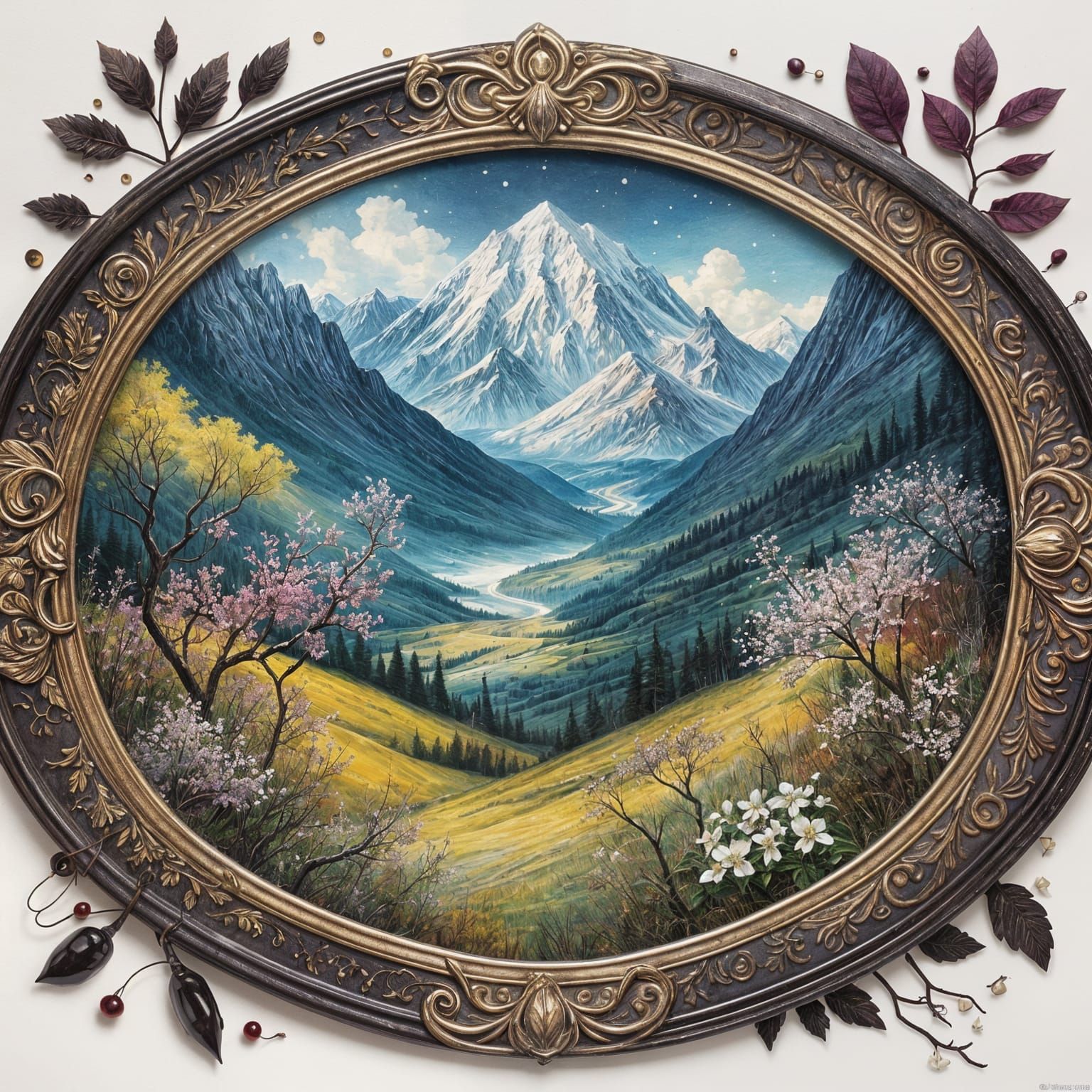 Oval Label with Mountain Tops and Floral Border