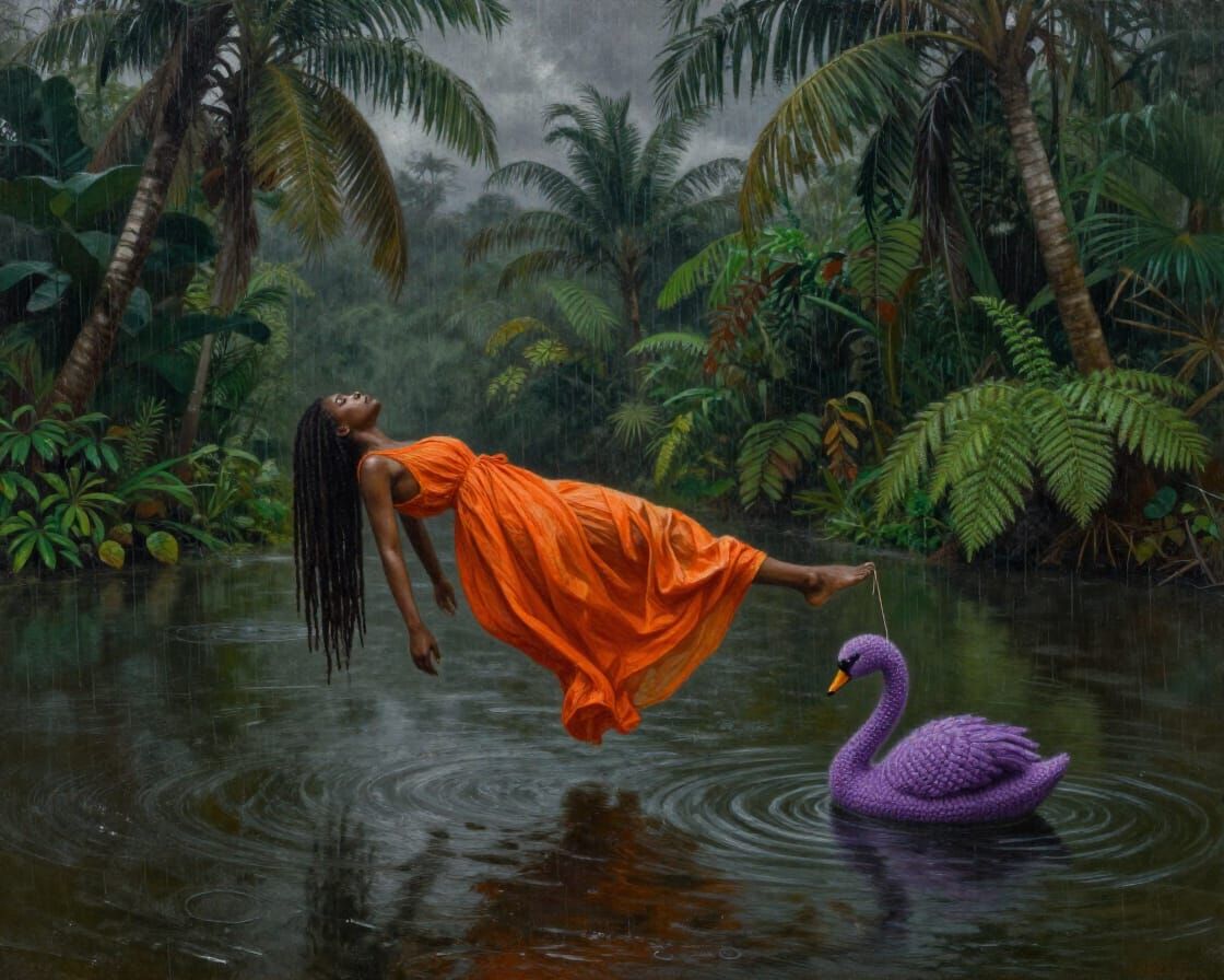 African American Woman Levitating in Jungle River Oil Painti...