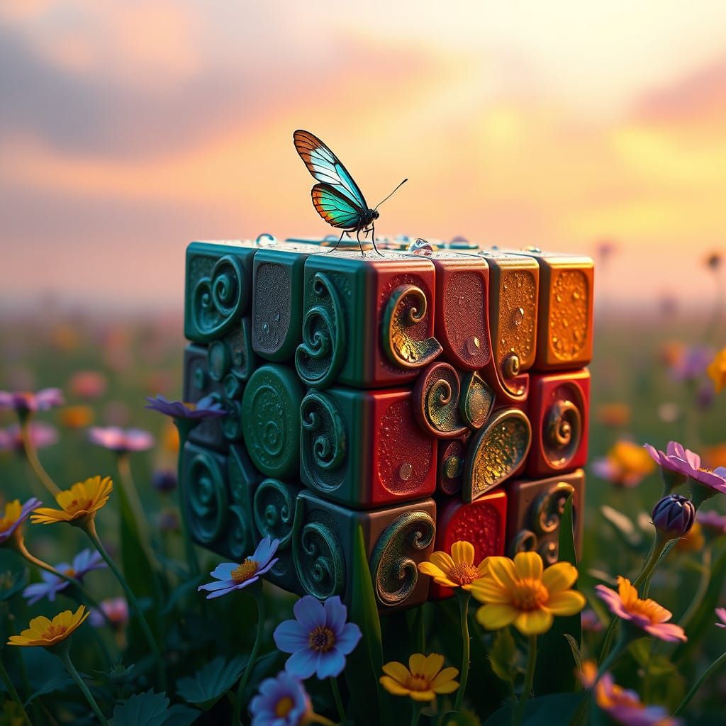 Meadow Flowers Envelop a Glowing Rubik's Cube with Butterfly