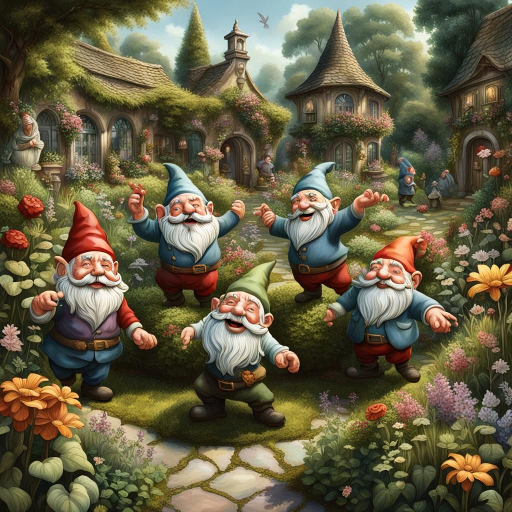 Gnomes Dancing in Distress, Hyperrealistic Digital Illustrat...