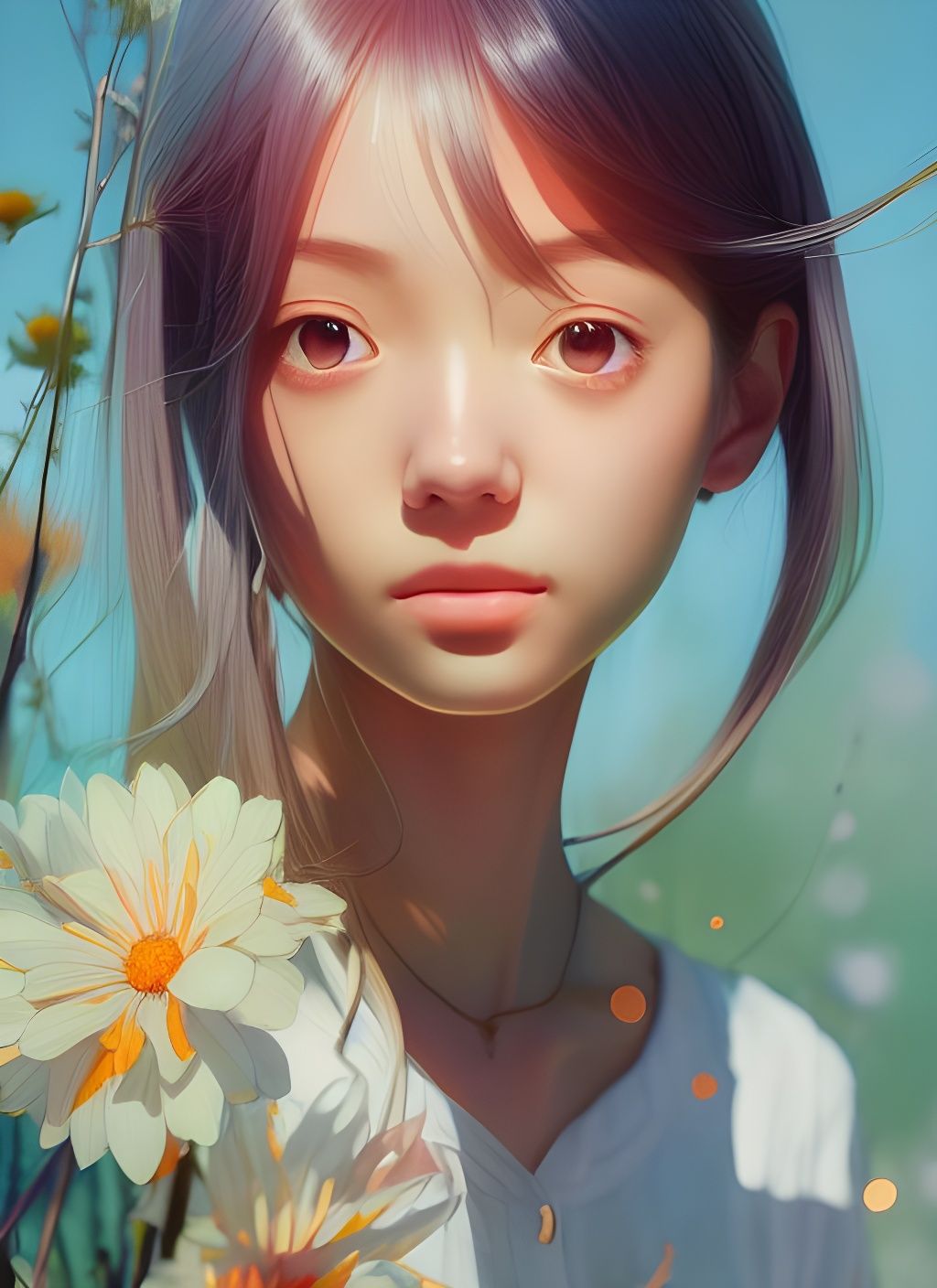 Cute Girl Portrait in Sunlight with Flowers