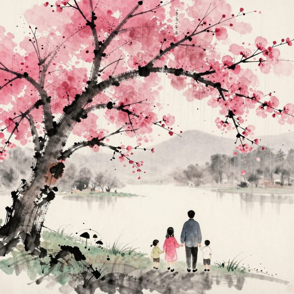 Cherry Blossom Sunrise with Family in Ink Wash Style