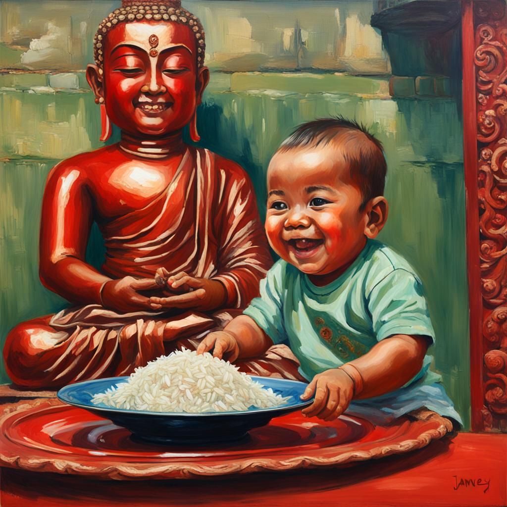 Smiling Baby Eating Rice, Oil Painting