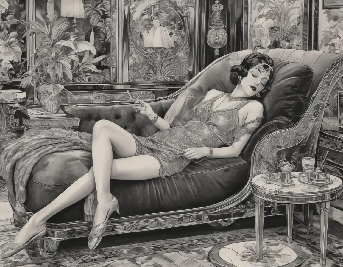 Art Deco Lounge Scene in Indian Ink Style