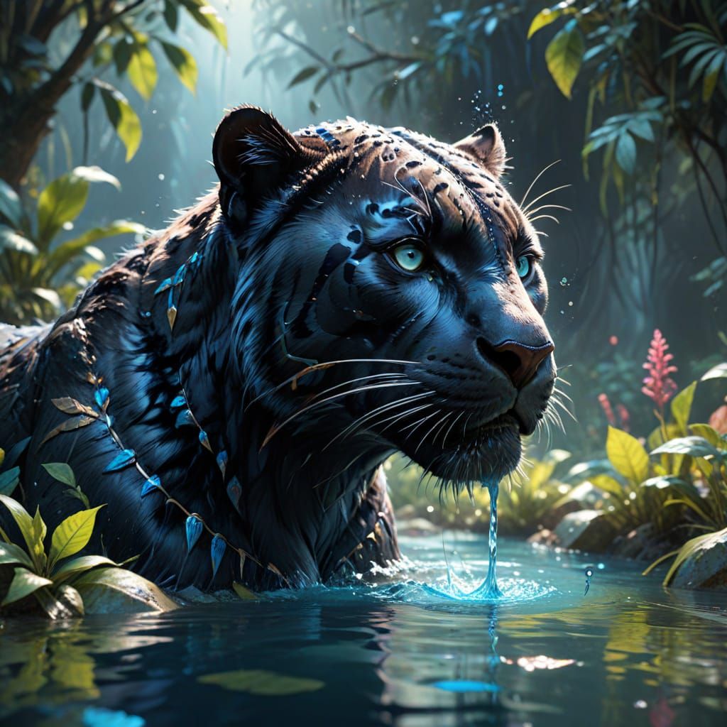 Panther Drinking: Neo-Impressionist Oil Painting