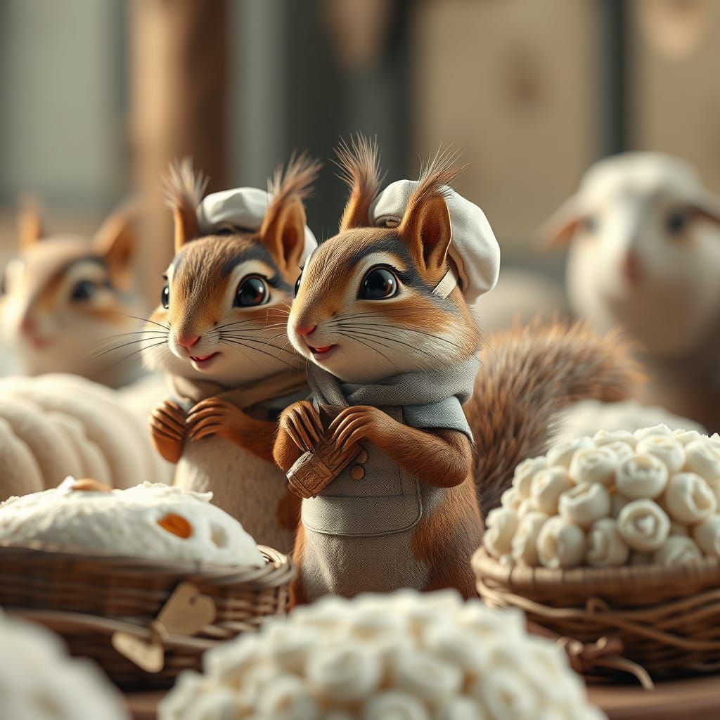 Squirrels in Enchanting Bakery Scene