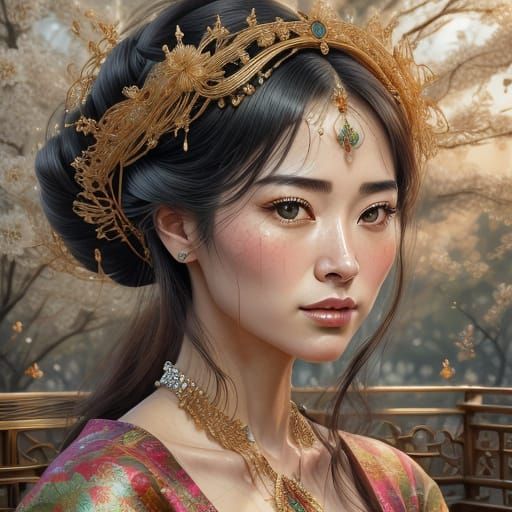 Surreal Digital Portrait of a Woman in Ancient Japanese Kimo...