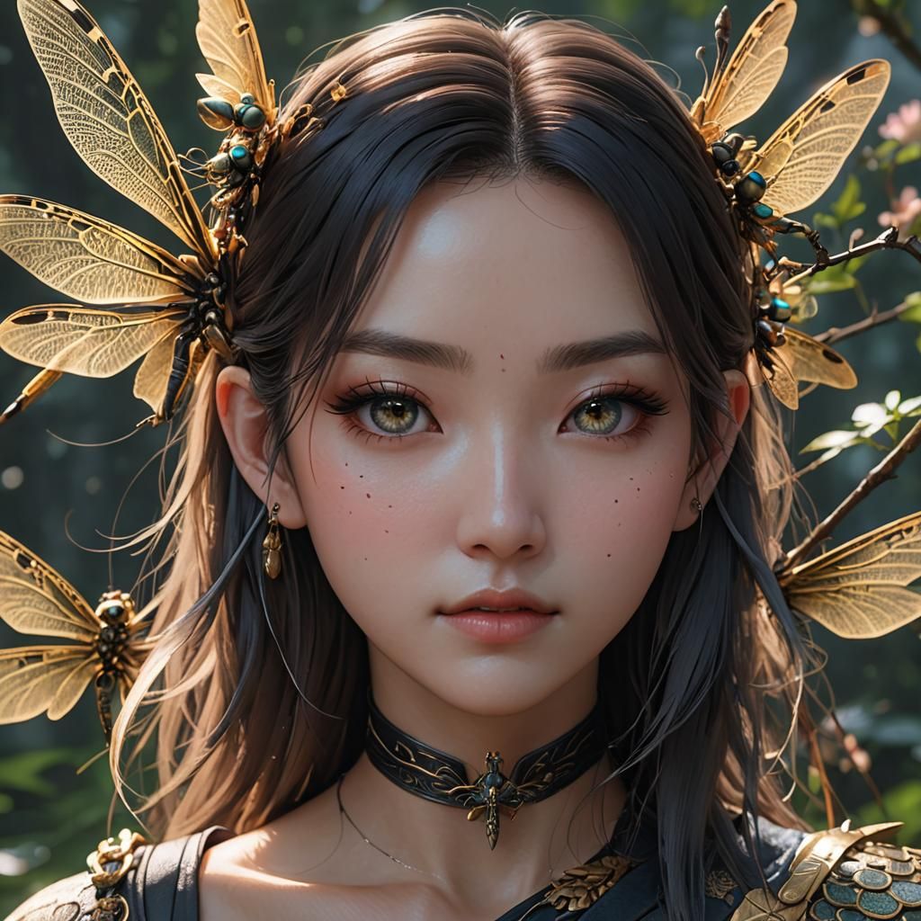 Dragonfly on Girl's Face: 3D Anime Art