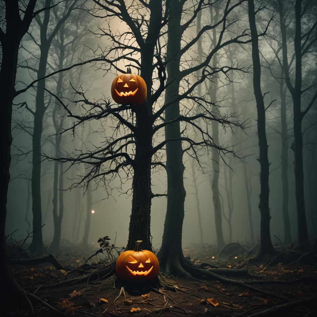 Haunting Pumpkin Tree in Misty Forest, Cinematic Still