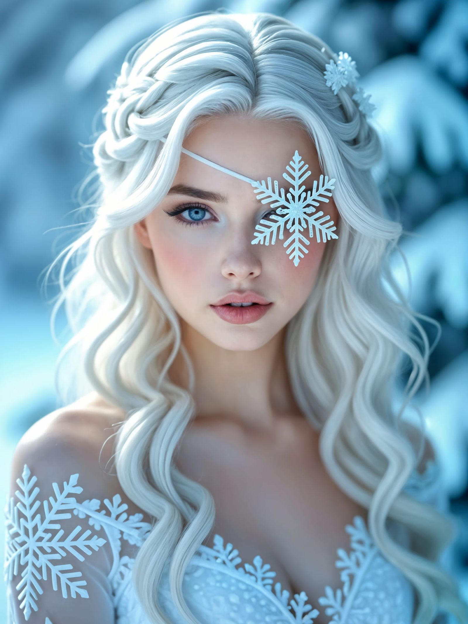 Ice Princess with Snowflake Gown and Eyepatch