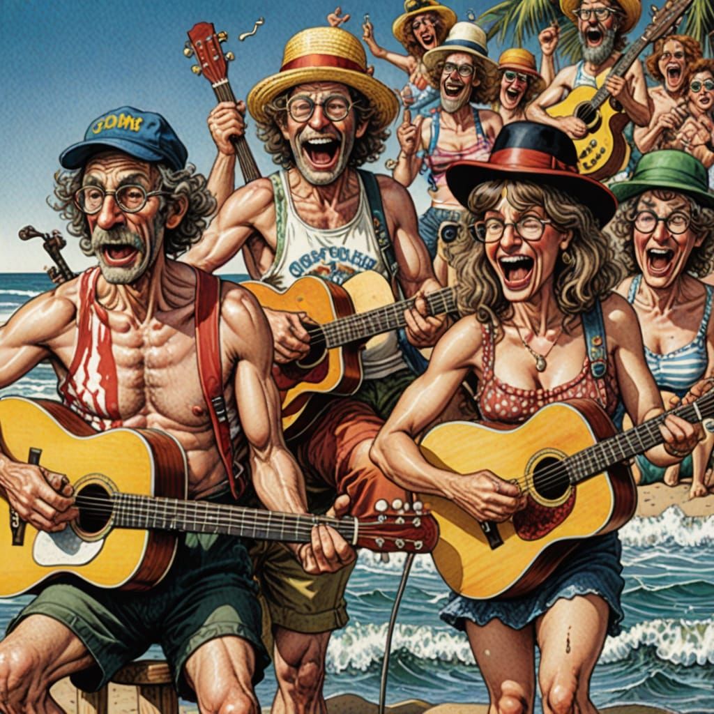 Colourful Watercolour Musicians Sing on Beach