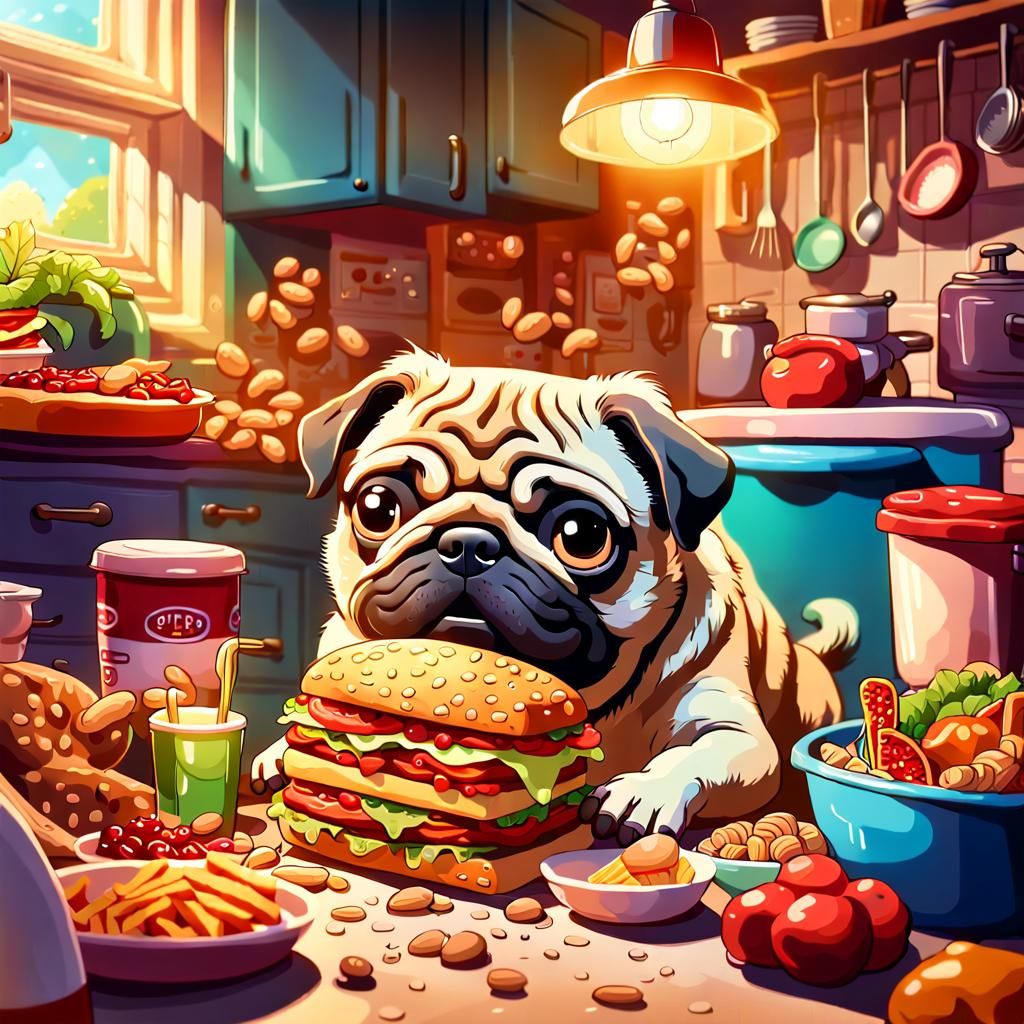 Cartoon Pug's Delicious Kitchen Feast