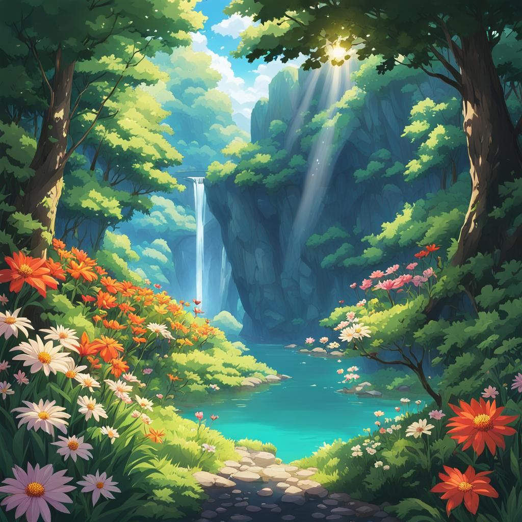 Sunlit Cave in Lush Forest: Anime-Cartoon Style