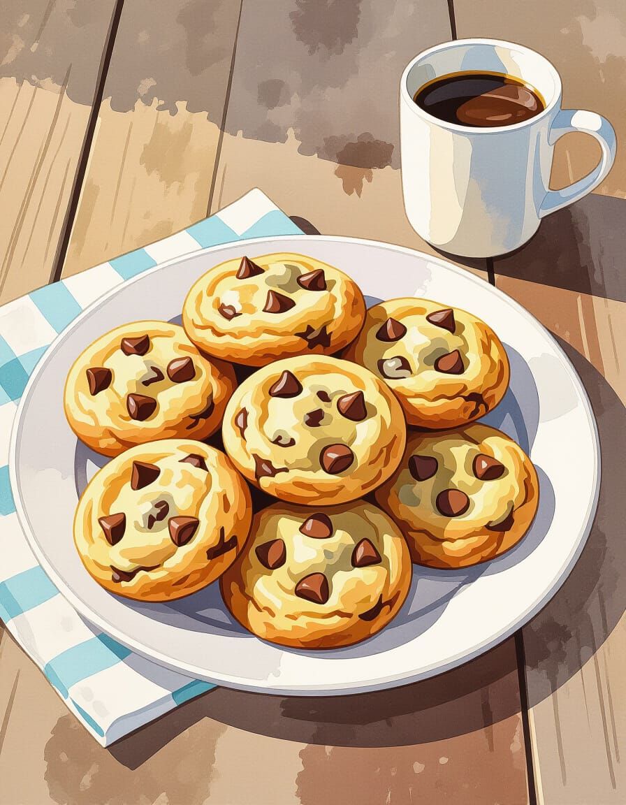 Fresh Chocolate Chip Cookies on Rustic Table
