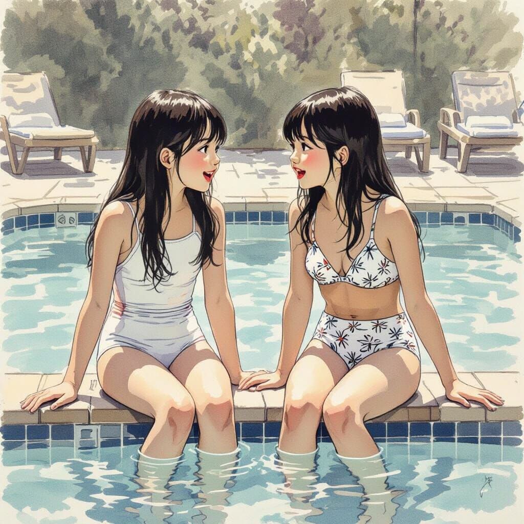 Japanese Girls Poolside in Pencil and Charcoal Style