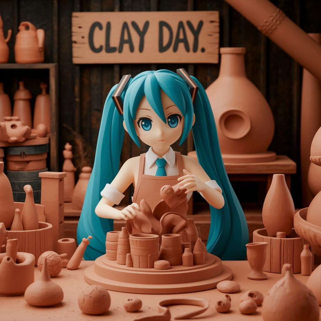 Hatsune Miku in Clay Workshop Creating Sculptures
