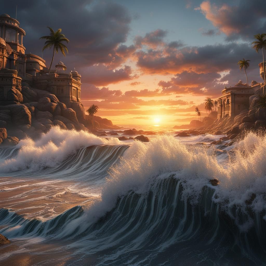 Sunset Beach Waves in Detailed Matte Painting