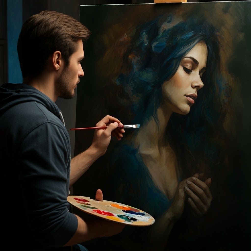 Painter Captures Living Portrait Reaching Out