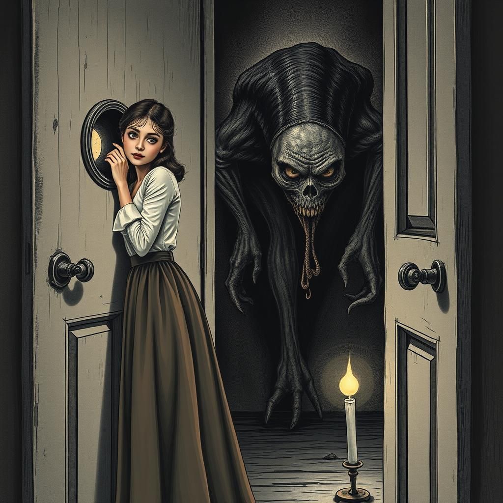 side view of a lady looking through a peephole in a door wit...