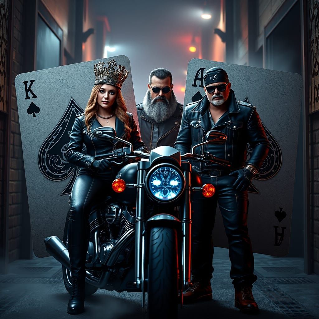 Regal Biker Queen and King in Cyberpunk Urban Alleyway