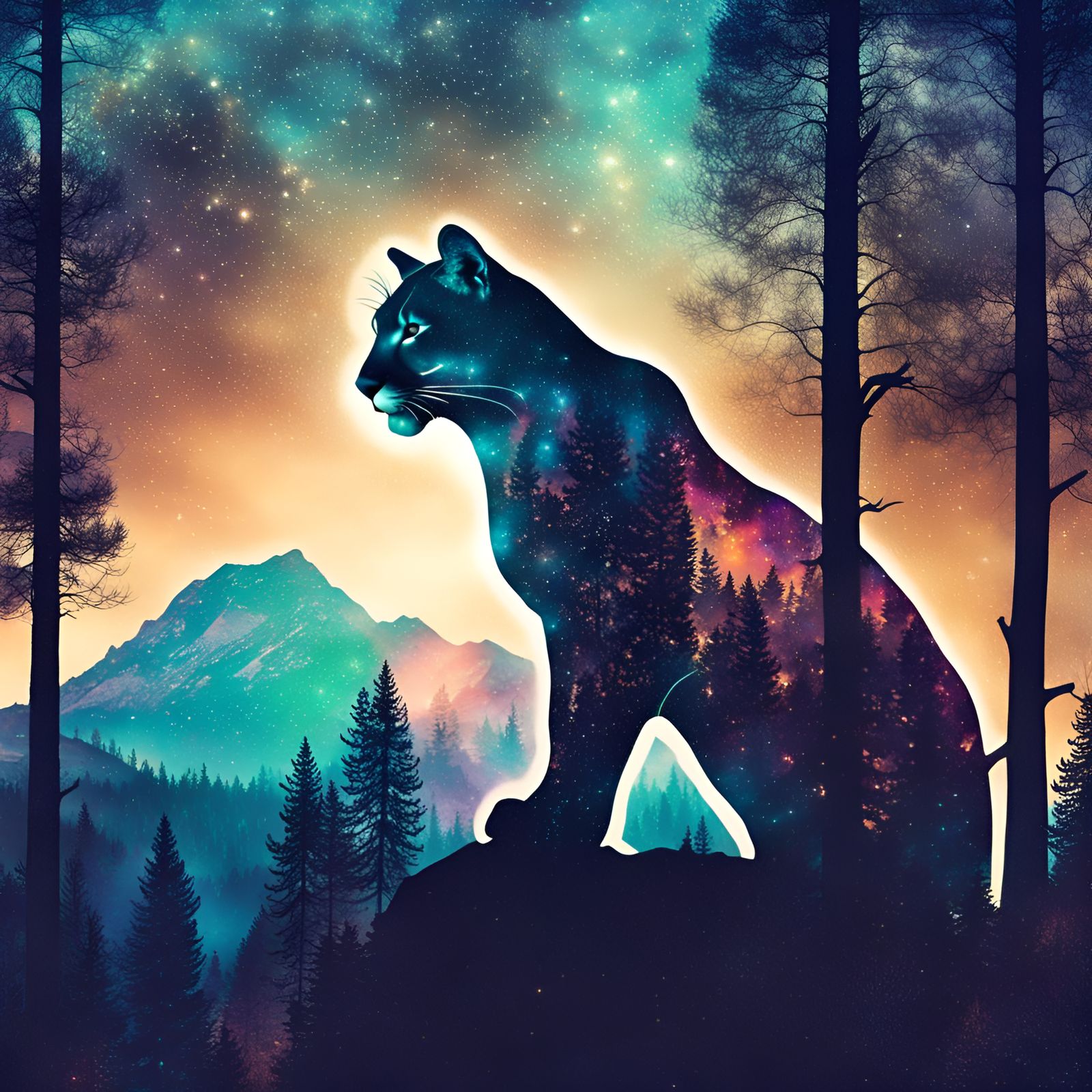 Astral Mountain Lion Double Exposure Photo Art