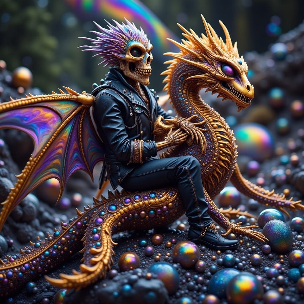 Gilded Skeleton Rides Iridescent Dragon in Dreamy Style
