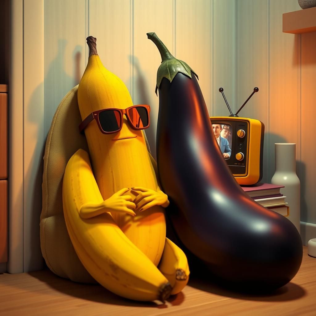 Cool Banana and Eggplant Enjoying a Movie