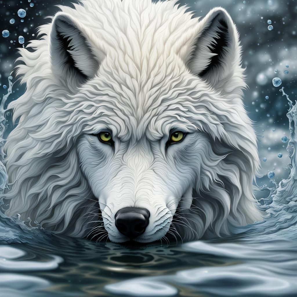 Realistic White Wolf Drinking Water in Detail