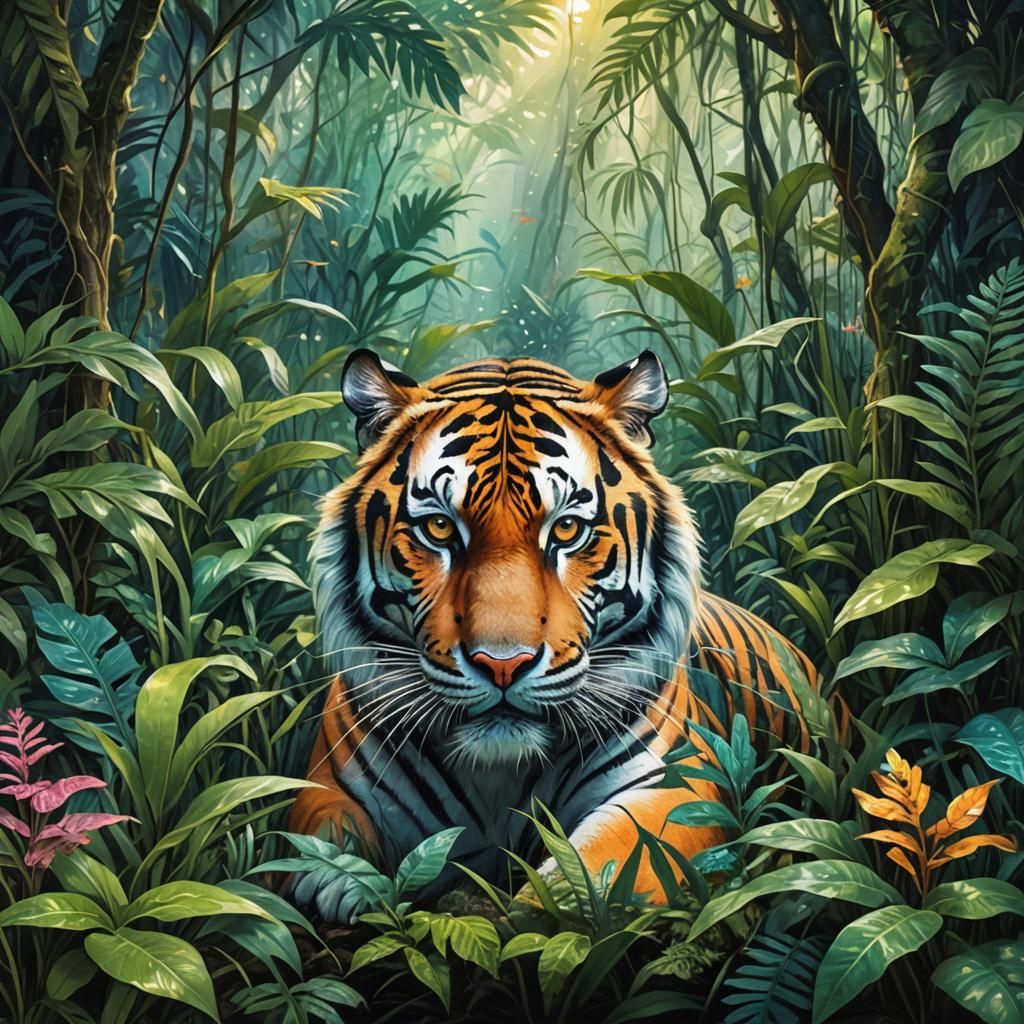 Tiger in Jungle: Holographic Astral Illustration