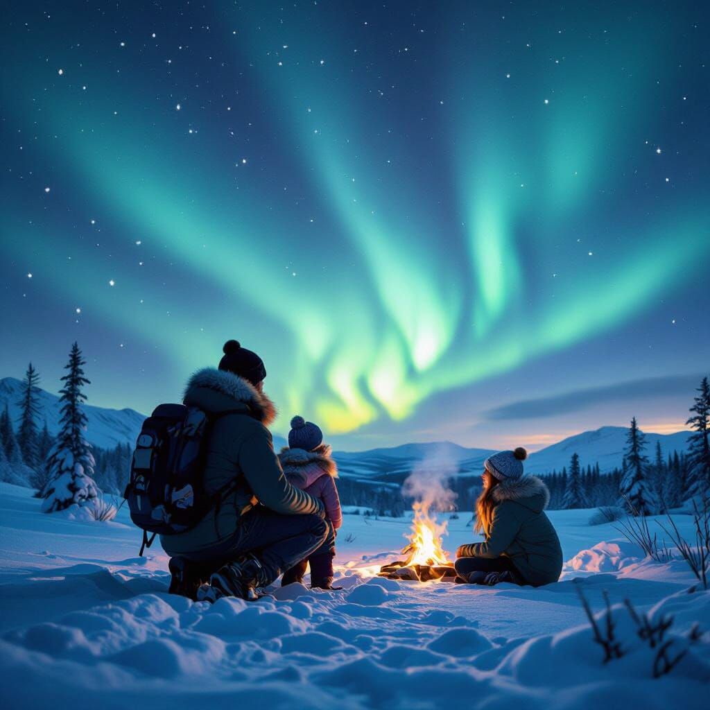Family Admiring Northern Lights in Winter Wilderness