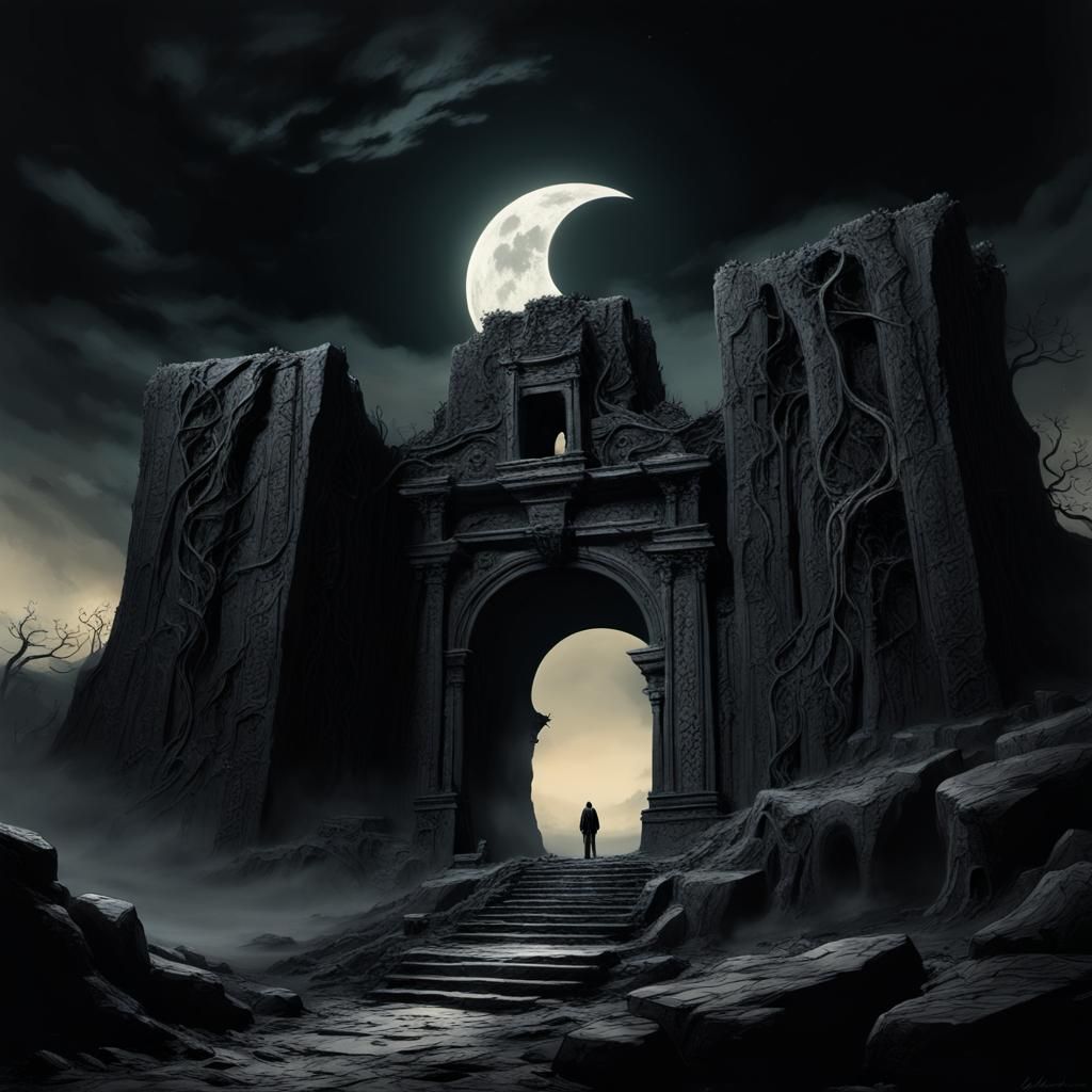 Black Moon Over Underworld Gateway in Surreal Style