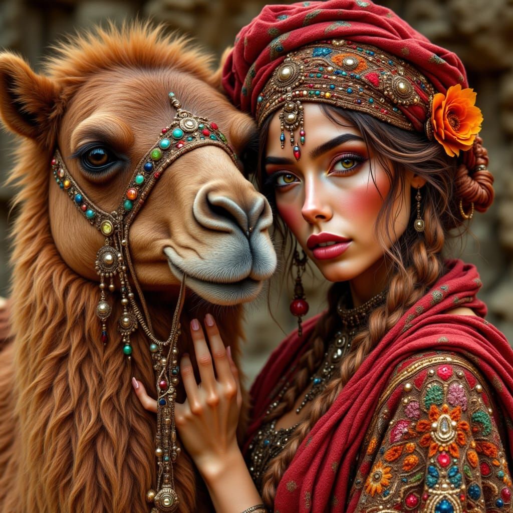 Red Camel and Woman in Costume, Earthy Palette