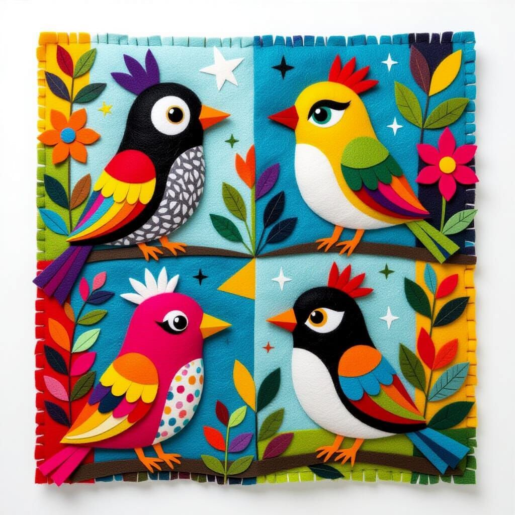 Vibrant Felted Creatures in Abstract Geometric Style