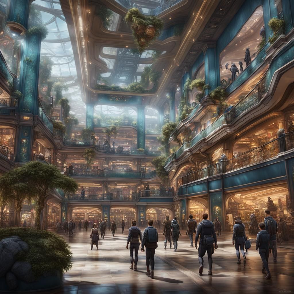 Androids Shopping in a Futuristic Mall