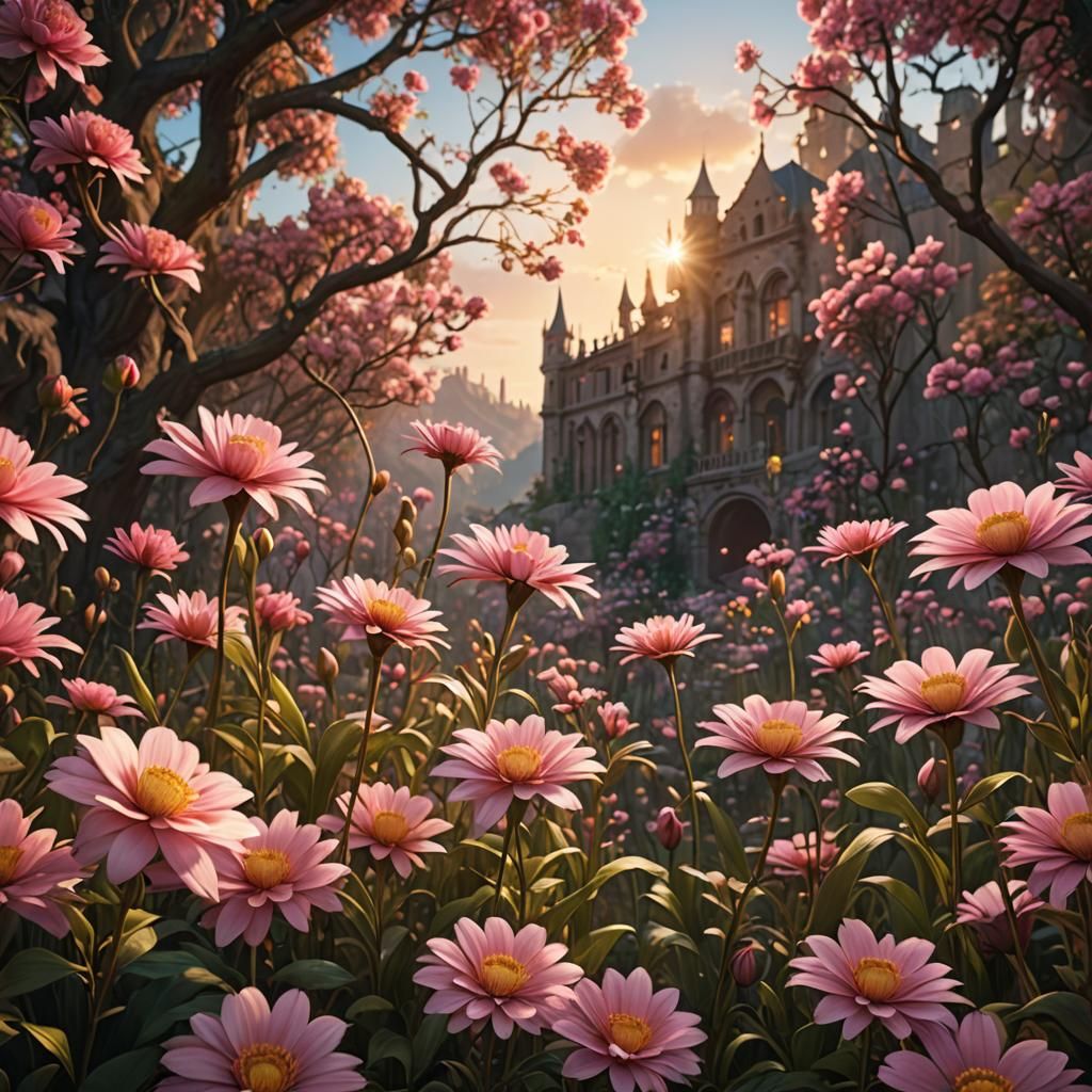 Golden Hour Pink Flowers in Detailed Matte Painting